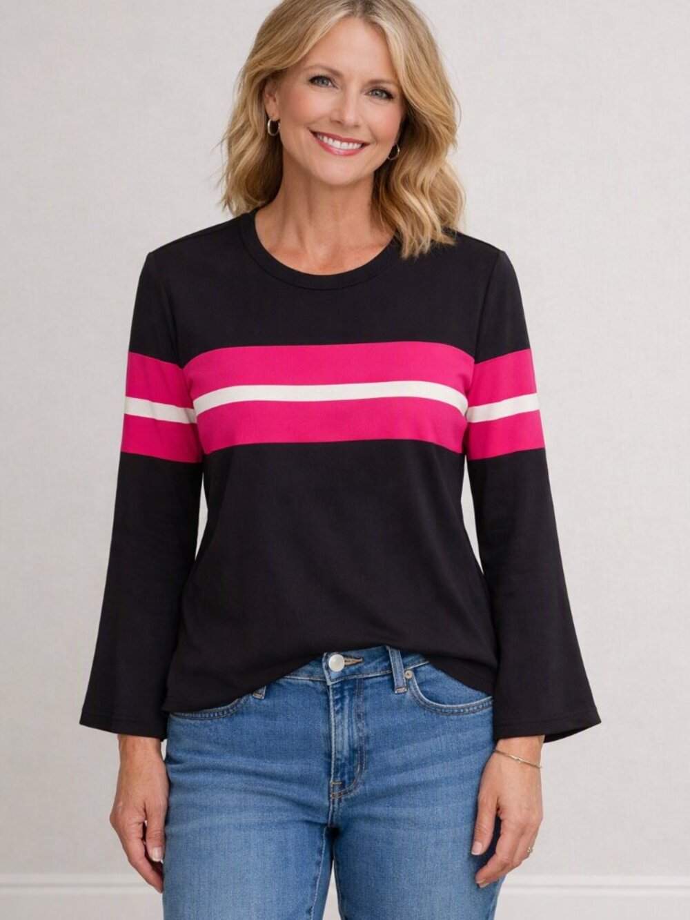 Bar lll Black with Striped Bold Pink and White Knit Top Size Medium